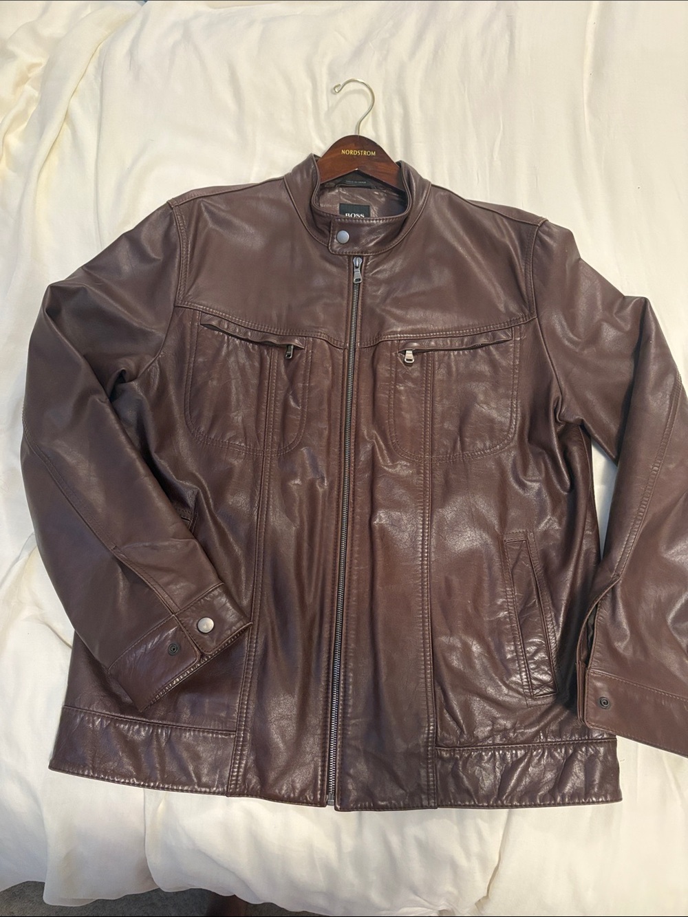 BOSS Men's Dark Brown Leather Bomber Jacket